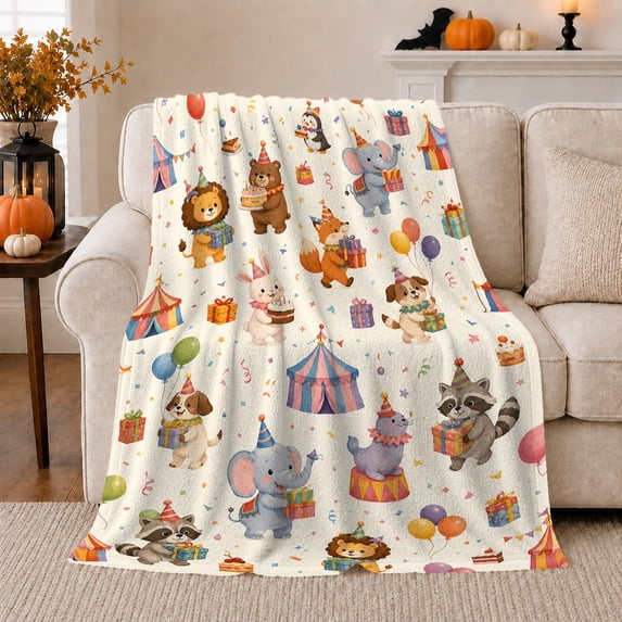 Watercolor Circus Animal Party Scene Toddler, Playful Woodland Scene, Warm Flannel Blanket for Cabin and Lodge, Wildlife Lovers Friendship Gift, Artistic Home Decor