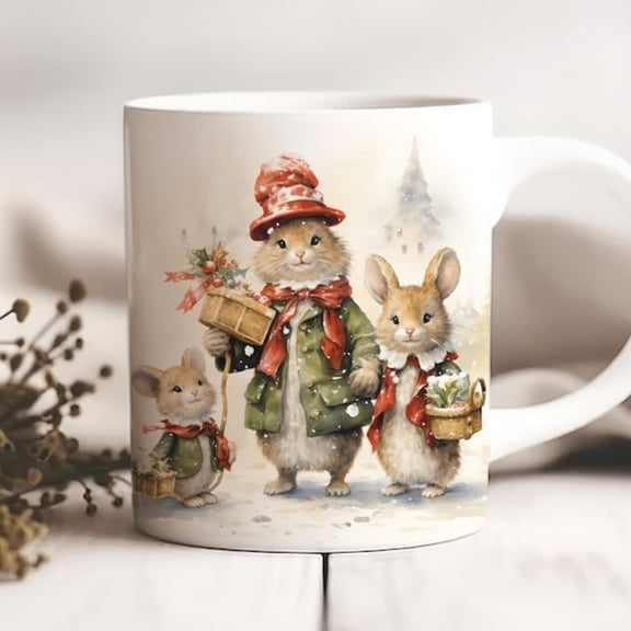 Watercolor Cistmas Hamsters Mug, Vintage Cistmas, Cottagre, Stocking Stuffer, Woodland Animal, Storybook, Secret Santa Gift, Mice.