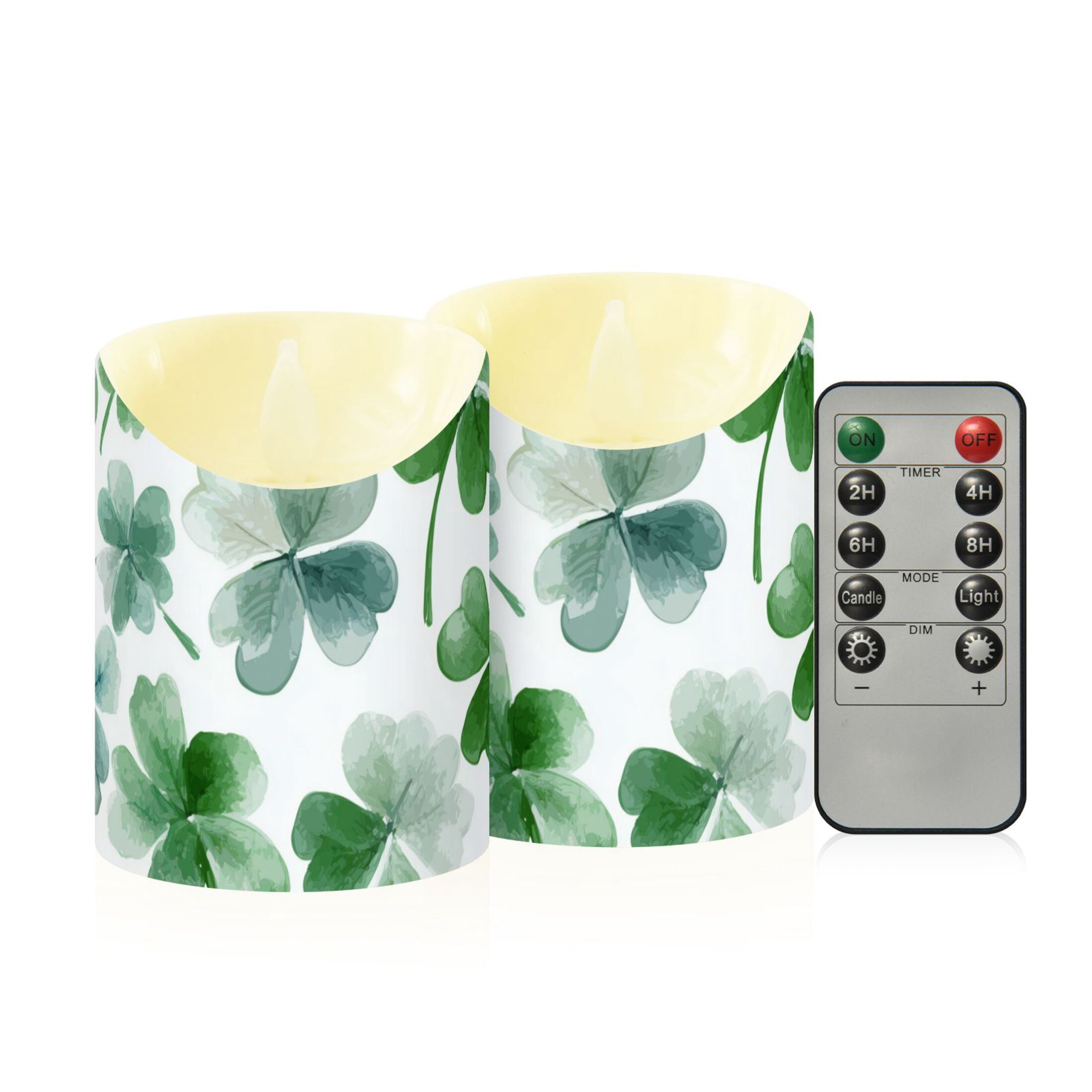 Watercolor Clover St Patricks Day Flickering Flameless Candles with Remote Timer Battery Operated LED Tealight Set of 2 M