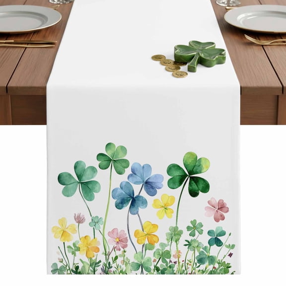 Watercolor Clovers Table Runner 13 x 48 Inch, St Patrick's Day Washable Cotton Linen Dining Table Runner Tabletop Decorations for Restaurant Home Kitchen Party