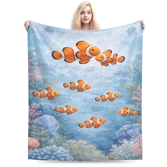 Watercolor Clownfish Underwater Coral Reef Scene Summer Coastal Throw Blanket for Couch Bed Beach House Decor 50x40