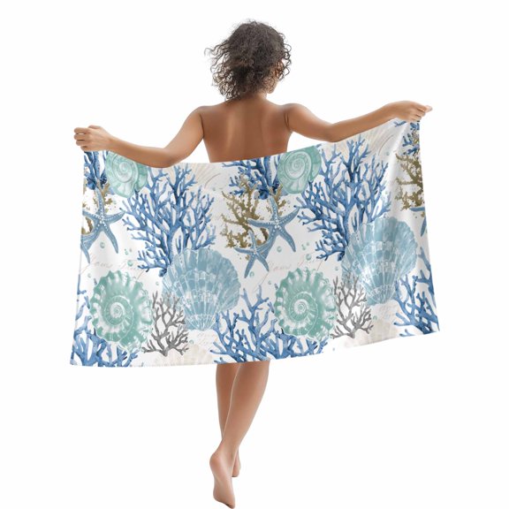 Watercolor Coastal Beach Towels Blanket Soft&Absorbent Quick Dry Microfiber Shell Starfish Coral Pattern Pool Towels for Swimming ,Yoga, Sports, Gym, Camping,Large 35X70in, Blue