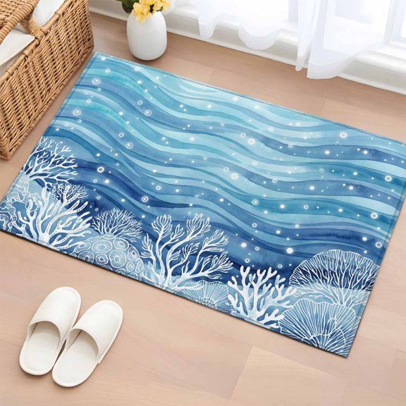 Watercolor Coastal Entryway Rug 2'x3' Non Slip Front Door Mats, Summer Sea Ocean Corals Waves Abstract Blue Entrance Rugs Indoor Outdoor Carpet, Floor Mats Small Area Rug for Bedroom Kitchen