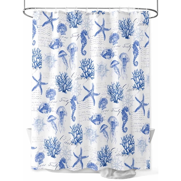 Watercolor Coastal Shower Curtain, Seahorse Starfish Pattern Bathroom Decor Curtains Set with Hooks, Blue Waterproof Fabric Home Accessories， 72 X 72 Inch Long