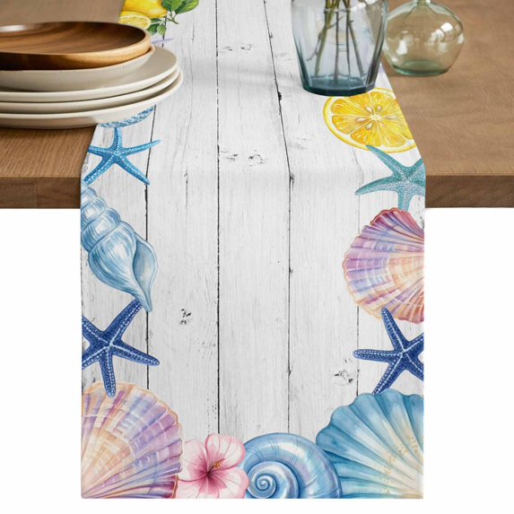 Watercolor Coastal Table Runner 70 Inches, Sea Shell Starfish Lemon Flowers Wood Gray Bed Runner Dresser Scarves Tabletop for Indoor Outdoor Parties/Ceremony/Banquet, 13" x 70"