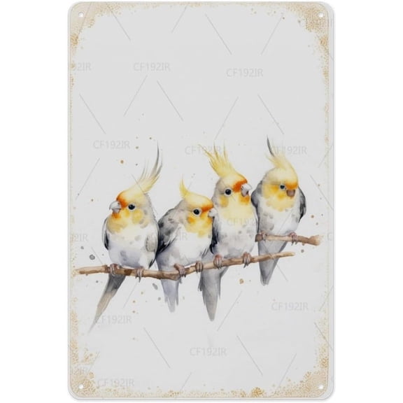 Watercolor Cockatiels on Branch Aluminum Tin Sign, 8x12 Inch, Whimsical Bird Wall Decor for Kitchen and Nature Inspired Spaces