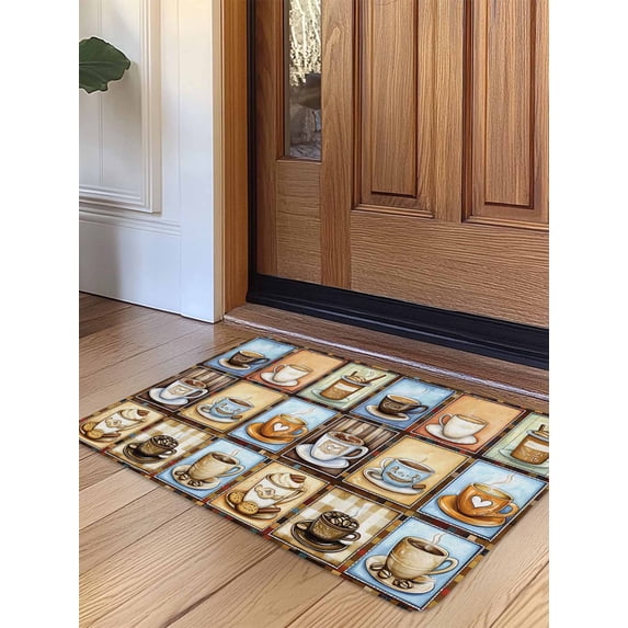 Watercolor Coffee Door Mat&nbsp;Indoor Outdoor Entrance, Non Slip Small Rug for Kitchen Bathroom Entryway Rug, Retro Coffee Patchwork Washable Doormat Floor Mat for Office Home Decor 18x30 Inch
