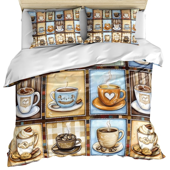 Watercolor Coffee Duvet Cover Queen Size, Retro Coffee Patchwork Comforter Cover with Zipper Closure, 3 Piece Bedding Sets 1 Duvet Cover 90x90 Inches and 2 Pillow Shams