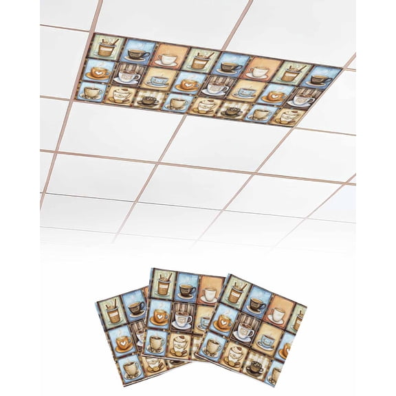 Watercolor Coffee Fluorescent Light Covers for Ceiling Lights 4x2 feet, 3 Pack Magnetic Light Filters for Classroom, Retro Coffee Patchwork Fluorescent Light Shade Panel for Office School Drop Home