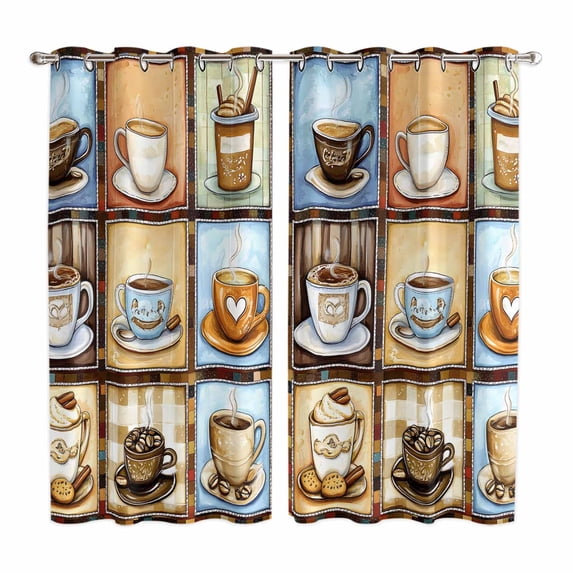 Watercolor Coffee Kitchen Curtains 84 Inch Length, Retro Coffee Patchwork Grommet Top Bedroom Living Room Curtains, Light Filtering Cafe Curtain Drapes 2 Panels Set 104''x84''