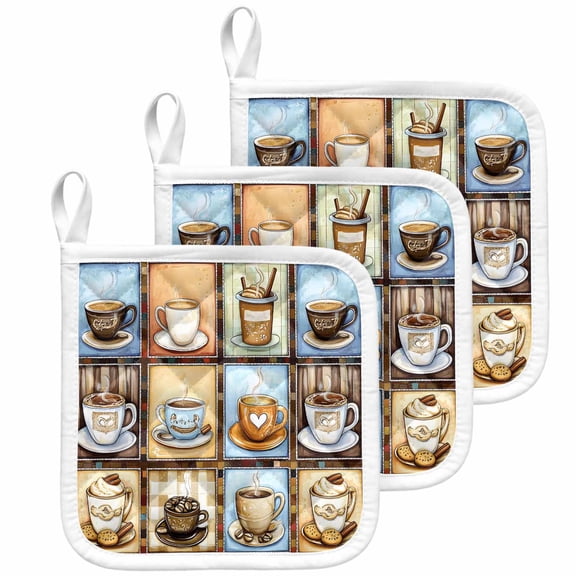 Watercolor Coffee Pot Holders for Kitchen Heatproof Potholder, 3 Pack Retro Coffee Patchwork Hot Pads Multipurpose Oven Pads Cloth Potholders Trivet for Cooking Baking