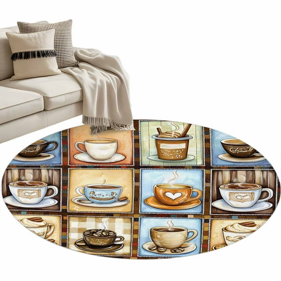 Watercolor Coffee Round Area Rug 4ft, Retro Coffee Patchwork Washable Non-Slip Circle Rugs for Bedroom Living Room Kitchen, Soft Non Shedding Circle Carpet for Dining Room Dorm