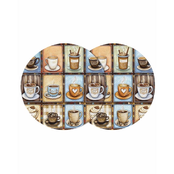 Watercolor Coffee Round Placemats Set of 2 for Dinning Tables,Heat-proof Braided Table Mats 13 Inch,Retro Coffee Patchwork Washable Place Mat for Kitchen Restaurant Party Decor Supplies Table Setting