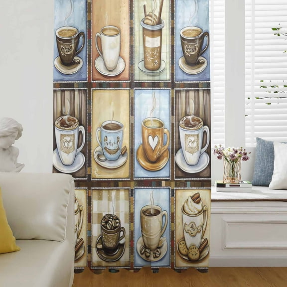 Watercolor Coffee Semi Sheer Curtains Drapes for Living Room, Bedroom, French Doors Window 84 Inches Long, Retro Coffee Patchwork Rod Pocket Chiffon Curtain Drapery Voile Draperies Panel
