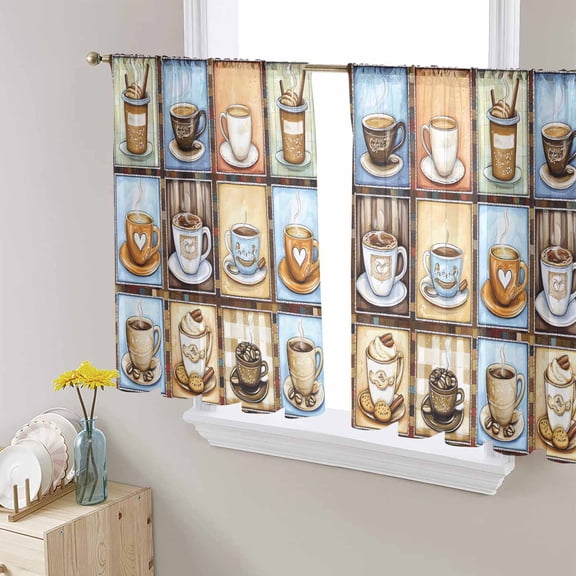 Watercolor Coffee Sheer Curtains 54 Inch Length 2 Panels Set for Living Room/Bedroom, Retro Coffee Patchwork Semi Curtain Sheers Drapes Rod Pocket Curtains Window Treatment Set 52''x54''x2