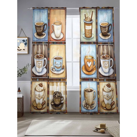 Watercolor Coffee Sheer Curtains for Living Room Bedroom Retro Coffee Patchwork Sheer Curtains 84 Inch Long 2 Panels Set Light Filtering Curtain Window Treatments Drapes for Dining Room