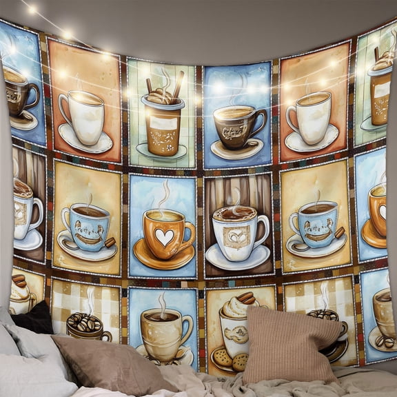 Watercolor Coffee Small Tapestry for Bedroom Wall Hanging Tapestry, Retro Coffee Patchwork Ceiling Backdrop Tapestries Poster Blanket Wall Decor for Teens Room Living Room Dorm 23" x 28"