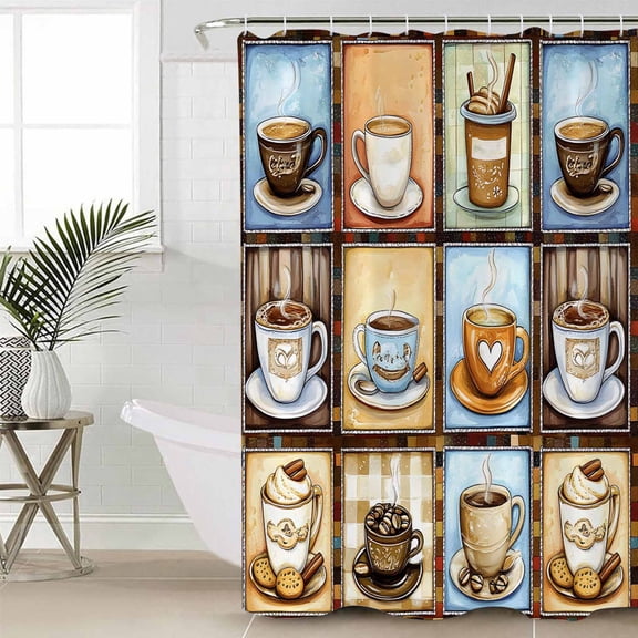 Watercolor Coffee Standard Shower Curtain Set, Waterproof Shower Curtains for Bathroom, Retro Coffee Patchwork Washable Fabric Cloth Bath Curtain for Bathtub Decoration with Hooks 72x72 Inches