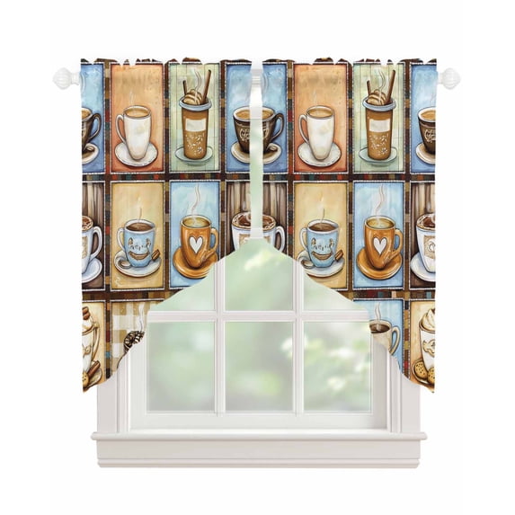 Watercolor Coffee Swag Valances for Windows, Retro Coffee Patchwork Rod Pocket Sheer Valances for Small Windows, Swag Toppers Light Filtering for Kitchen Living Room 2 Panels 28''x36''