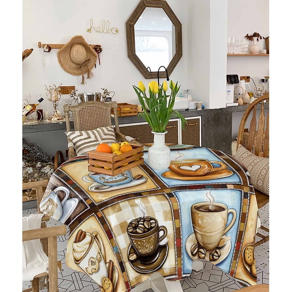 Watercolor Coffee Tablecloth Square Table Cloth 54x54, Waterproof Tablecloth Outdoor Table Cloth, Retro Coffee Patchwork Washable Table Cover for Kitchen Dining Party