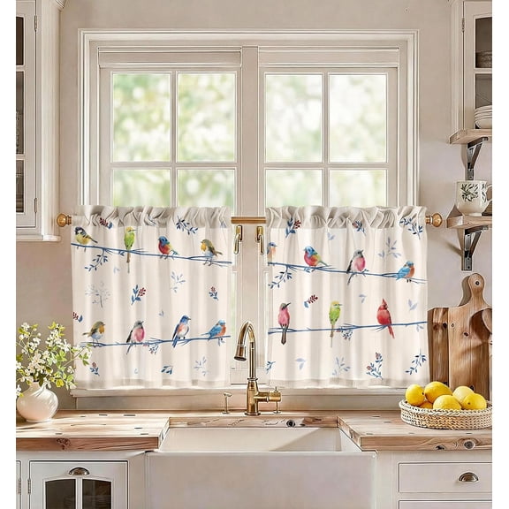 Watercolor Colorful Birds on Branches Print Semi Sheer Rod Pocket Kitchen Tier Curtains Window Drapes for Kitchen Cafe Bathroom Home Decor