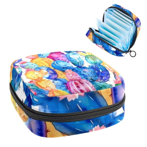 Watercolor Colorful Cactus Boho Style Sanitary Napkin Storage Bag, Zipper Menstrual Cup Pouch Feminine Menstruation First Period Pads Holder for Girls Women Ladies