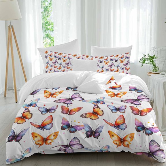 Watercolor Colorful Duvet Cover Set King Size, Butterfly Wings Country Farmhouse 4 Piece Soft Microfiber Bedding Set with 1 Duvet Cover, 1 Flat Sheet, 2 Pillowcases