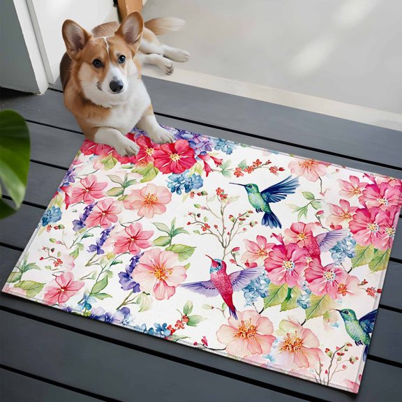 Watercolor Colorful Entryway Area Rug 2x3 Hummingbird Flowers Pastoral Plant Low-Profile Area Rugs with Non Slip Backing Indoor Door Mat for Entrance Living Room Bedroom Home Office