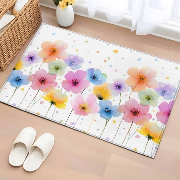 Watercolor Colorful Floral Entryway Rug 2'x3'&nbsp; Non Slip Front Door Mats, Farmhouse Summer Flowers Entrance Rugs Indoor Outdoor Carpet, Washable Floor Mats Small Area Rug for Bedroom Kitchen