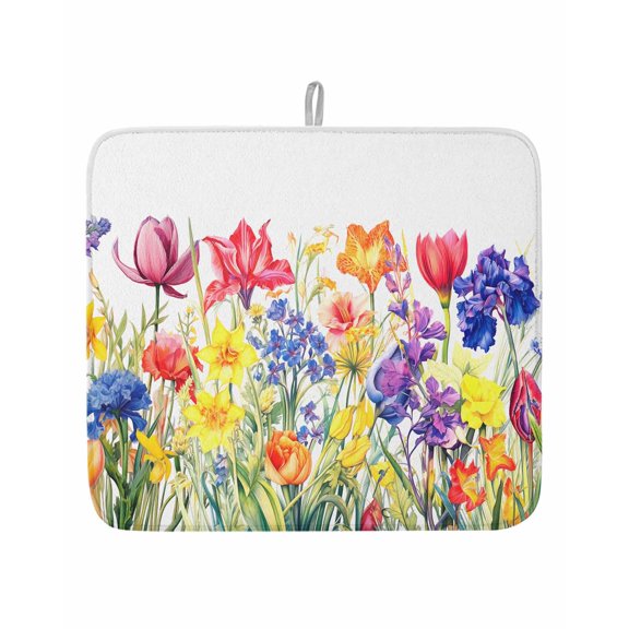 Watercolor Colorful Floral Field Dish Drying Mats for Kitchen Counter,Absorbent Microfiber Dish Drainer Rack Mat Blossoms Flower on White Drying Pad for Sinks,Utensils,Countertops,16x18in