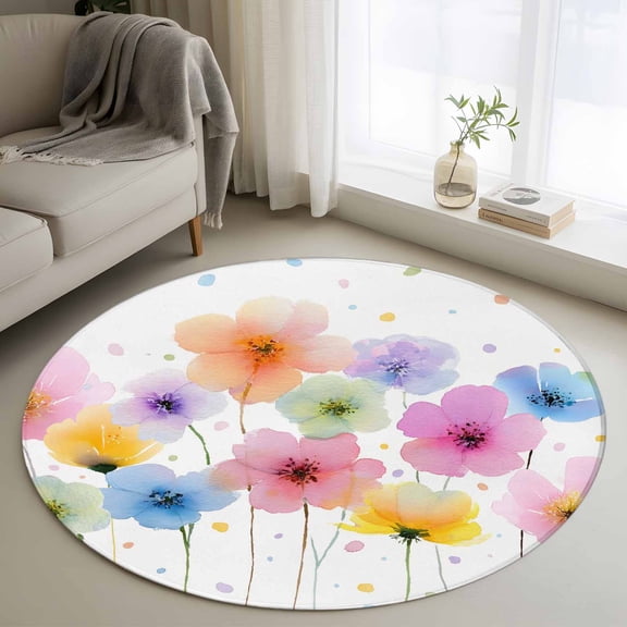 Watercolor Colorful Floral Round Area Rug 3Ft Washable Small Circle Rugs for Kitchen Entryway, Farmhouse Summer Flowers Non-Slip Carpet Floor Mats Indoor Outdoor Carpet Runner Aesthetic Home Decor