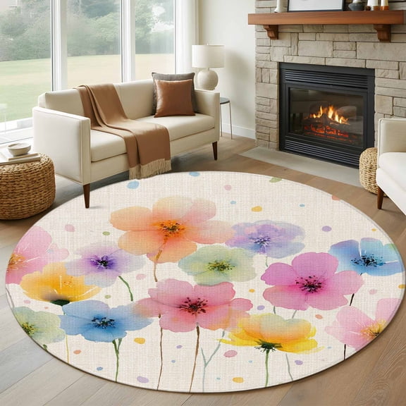 Watercolor Colorful Floral Round Area Rug 6Ft Washable Circle Rugs for Bathroom Office, Spring Summer Flowers Non-Slip Carpet Floor Mats Indoor Outdoor Carpet Runner Aesthetic Home Decor