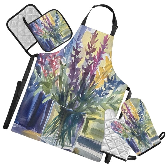 Watercolor Colorful Lavender Oven Mitts and Pot Holders with Chef Apron Set 5 Pcs Kitchen Cooking Set