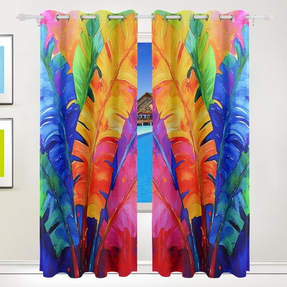 Watercolor Colorful Palm Leaves Blackout Curtains for Living Room Bedroom 55W x 72/84L Insulated Window Drapes 2 Panels