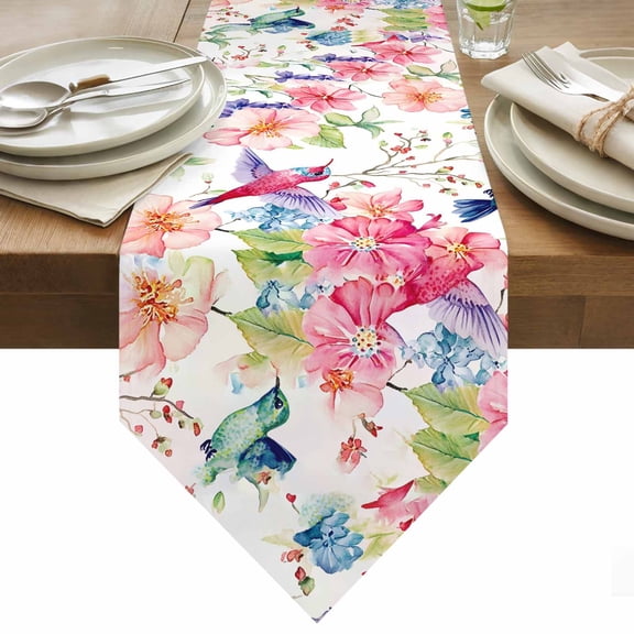 Watercolor Colorful Table Runner 72 Inches Long Hummingbird Flowers Pastoral Plant Table Runners for Dining Room Tabletop Dresser Scarf Home Party Banquet Wedding Holiday Decoration
