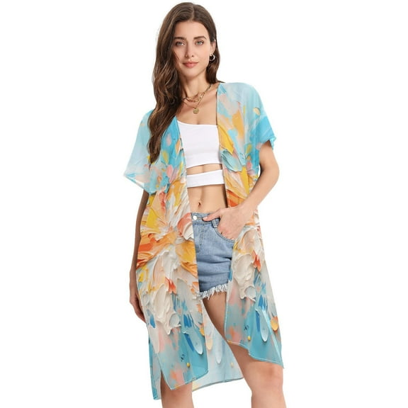 Watercolor Colorful Women Swimsuit Cover up V Neck Beach Dress Short Sleeve Vacation Outfits Swimwear