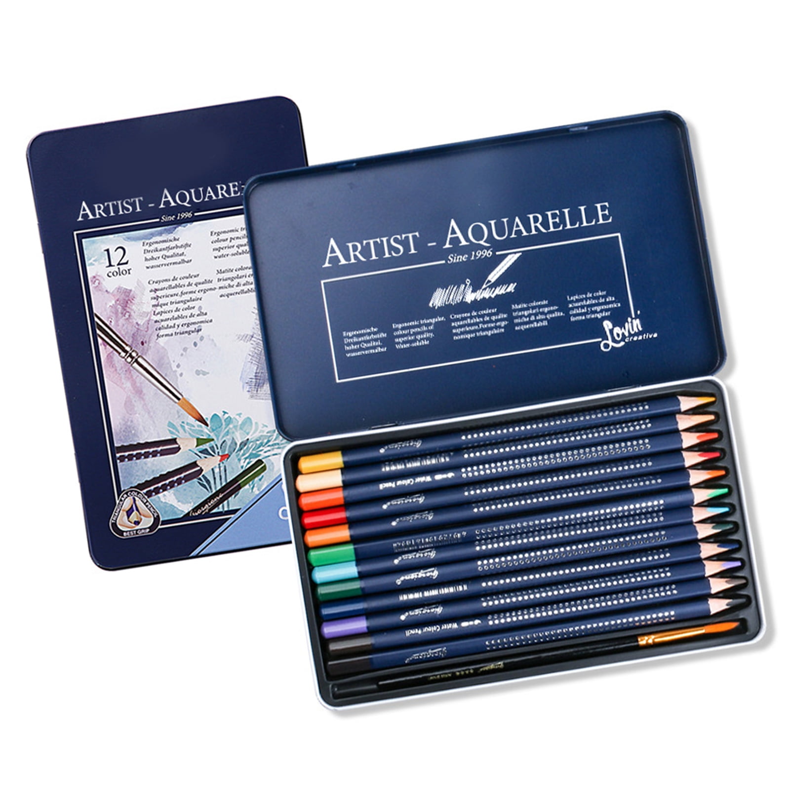 Watercolor Colouring Pencils Set with Metal Case For Kid Adults Artist Sketching Pre Sharpened Colored Pencil With Brush