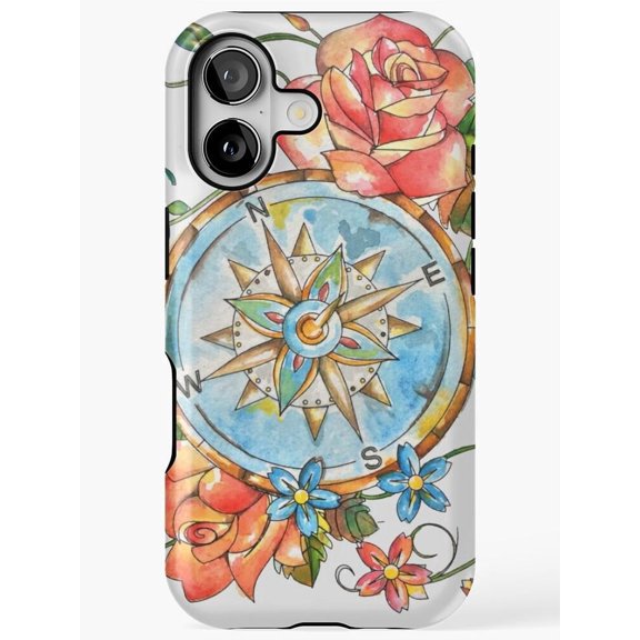 Watercolor Compass Rose and Coral Floral Tough Case for Apple iPhone, Polycarbonate Shell with TPU Liner
