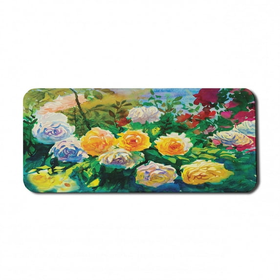 Watercolor Computer Mouse Pad, English Garden Painting with Colorful Roses and Other Flowers Print, Rectangle Non-Slip Rubber Mousepad X-Large, 35" x 15" Gaming Size, Multicolor, by Ambesonne
