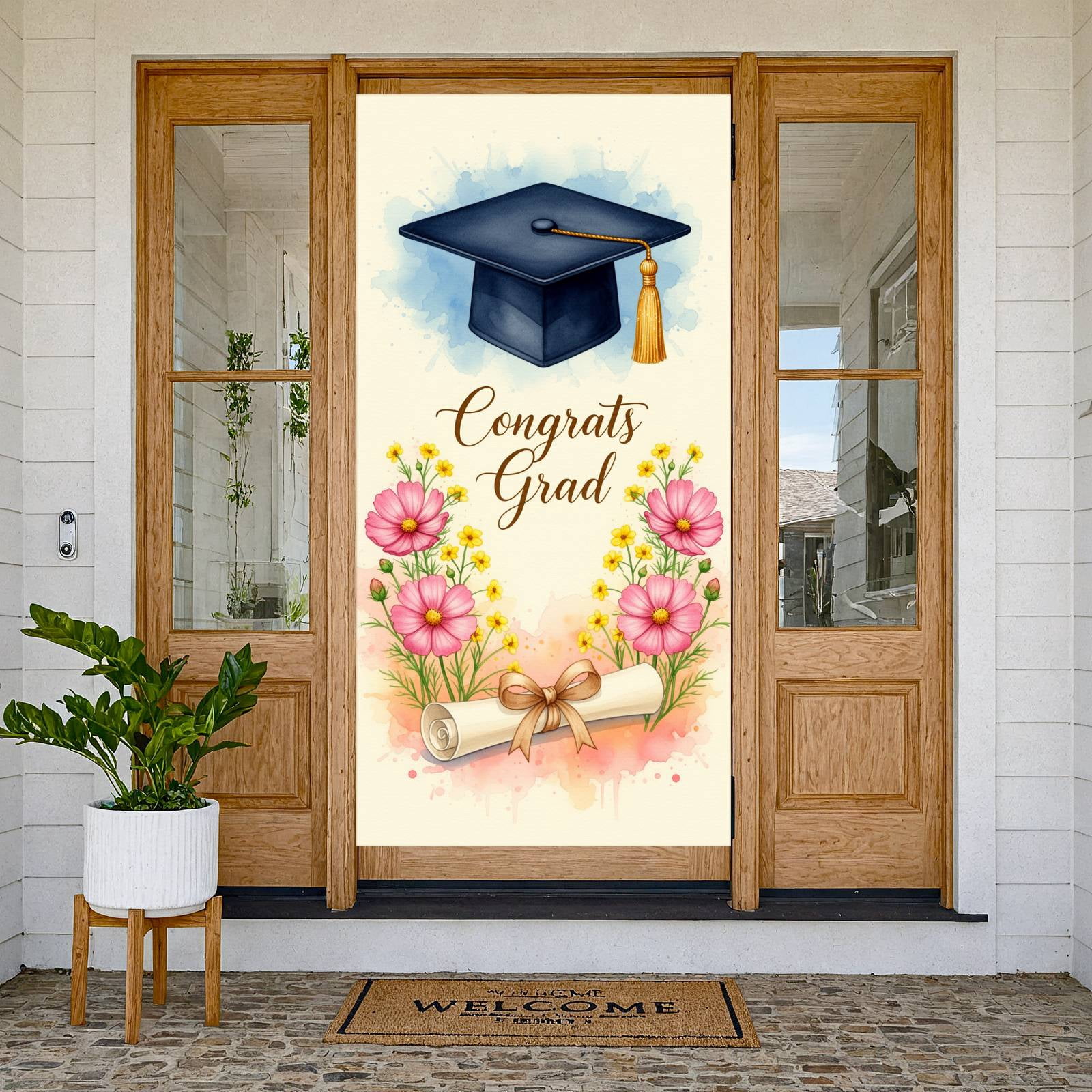 Watercolor Congrats Grad Banner Floral Design Graduation Backdrop Gold ...