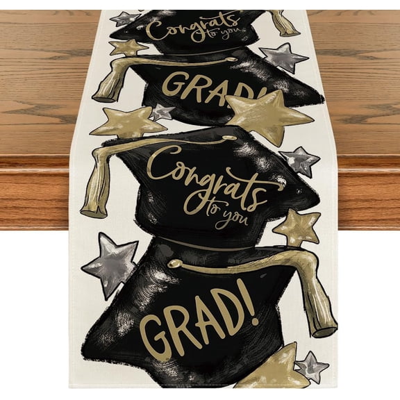 Watercolor Congrats to You Star Trencher Cap Graduation Table Runner, Kitchen Dining Table Decoration for Home Party Decor 13x108 Inch