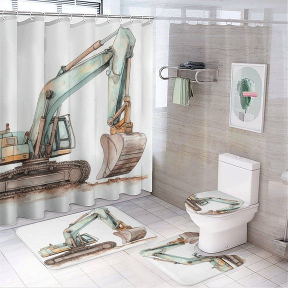 Watercolor Construction Excavator Shower Curtain 4 Piece Sets Shower Curtain and Rugs Shower Curtain Set Excavator Waterproof Personality Pattern Bath Curtains for Bathtub Decor