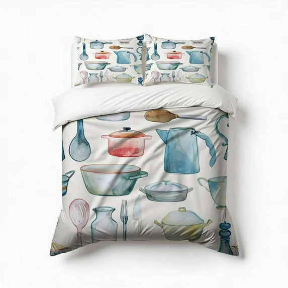 Watercolor Cooking Utensils Bedding Set 3 Pcs Soft Microfiber Quilt Cover For Bedroom Decor, Comforter Cover With 2 Pillowcase