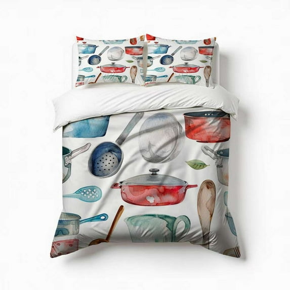Watercolor Cooking Utensils Bedding Set 3 Pcs Soft Microfiber Quilt Cover For Bedroom Decor, Comforter Cover With 2 Pillowcase