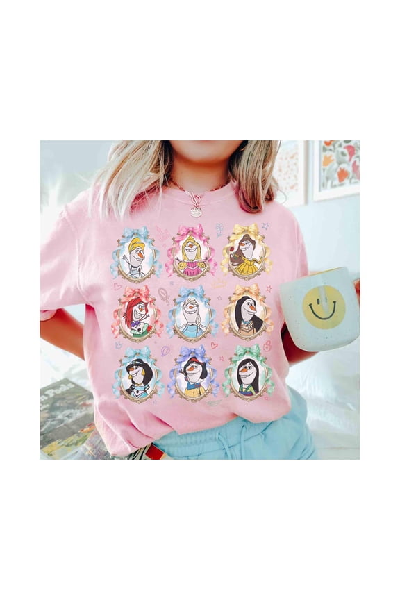 Watercolor Coquette Bows Olaf Disney Princess Characters T-Shirt, Belle Aurora Elsa Ariel Tee, Magic Kingdom Girl Trip Shirt,Light Pink Color,Size 3XL