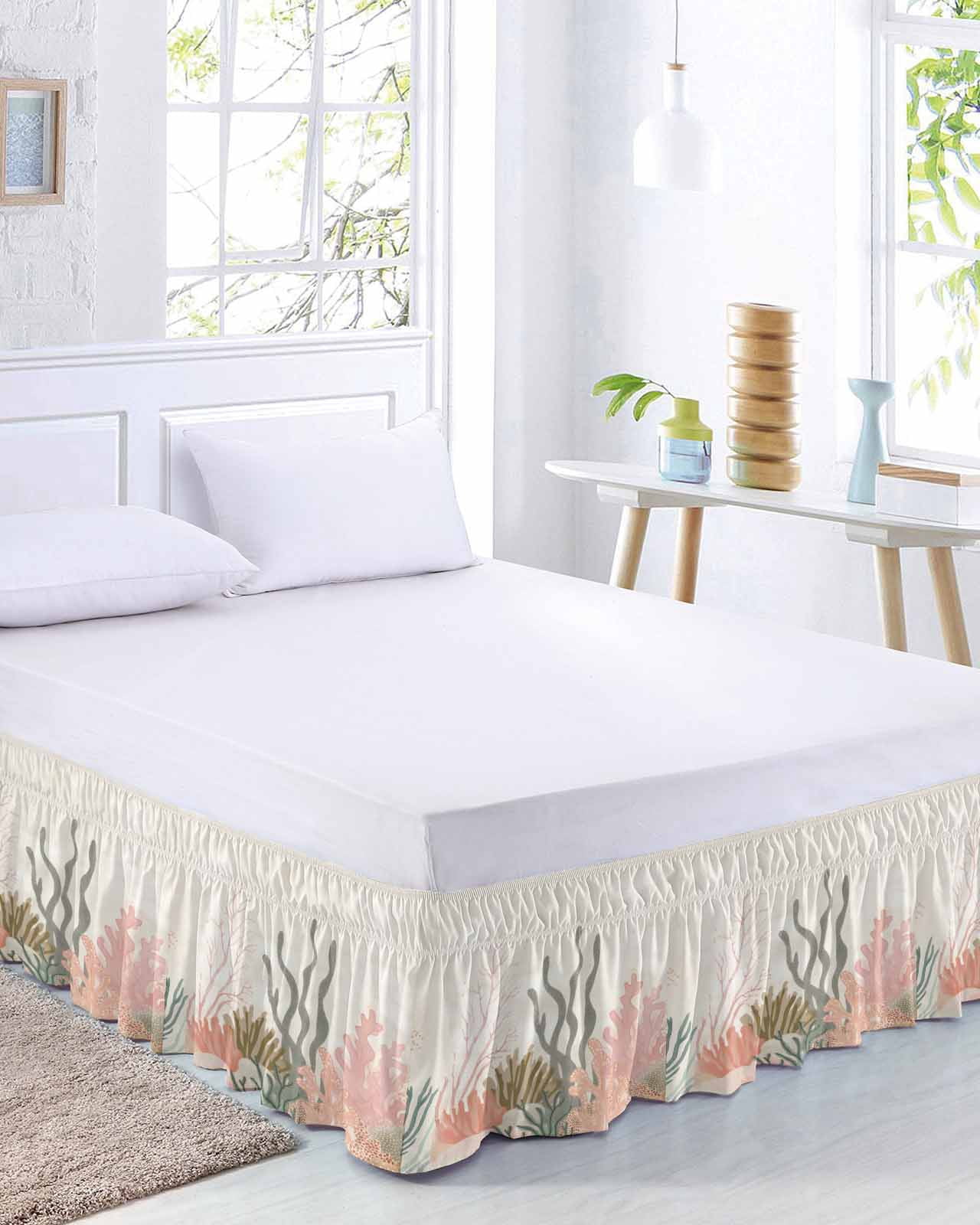 Watercolor Coral Bed Skirt Queen Size 16 Inch Drop, Medieval Retro Adjustable Elastic Dust Ruffles Bedskirt for Queen Bed Wrap Around Pleated Mattress Frame Cover