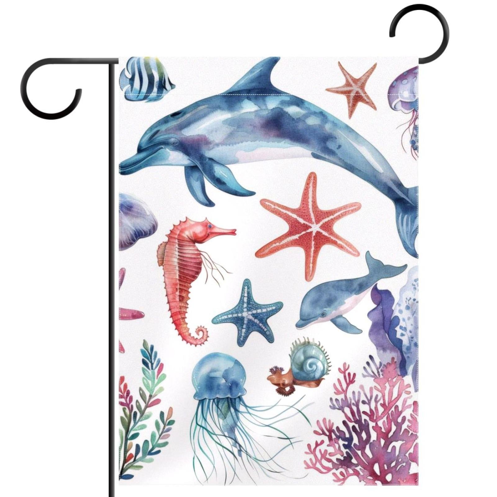 Watercolor Coral Dolphin Crab Seahorse Jellyfish Starfish Double Sided ...
