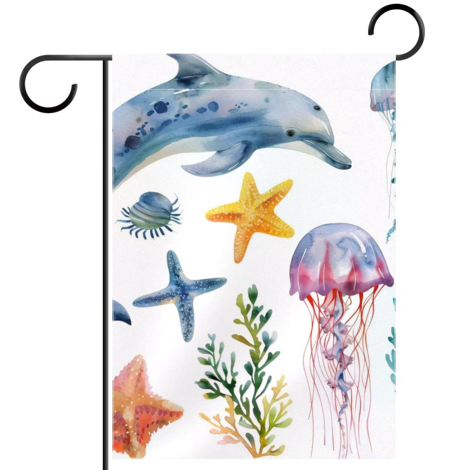 Watercolor Coral Dolphin Jellyfish Starfish Garden Flag Double Sided ...