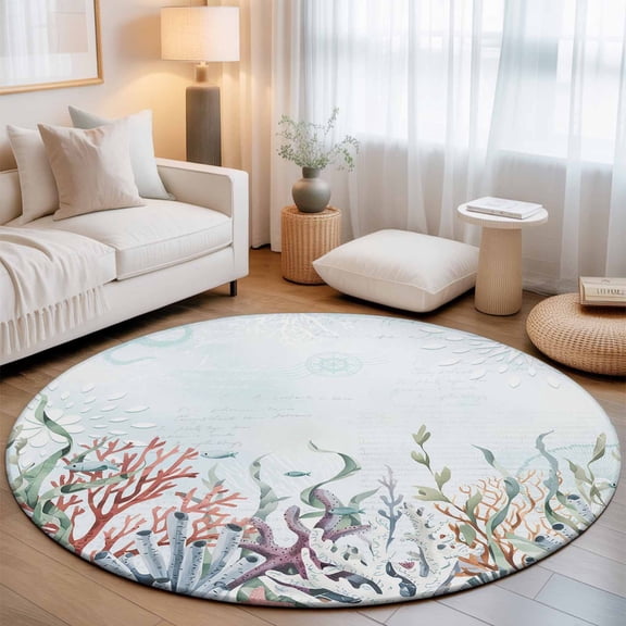Watercolor Coral Fish Shell on Blue Letter Round Rug 5ft Marine Life Washable Area Rugs for Living Room Bedroom Entryway Non Slip Entrance Door Mat Indoor Floor Carpet