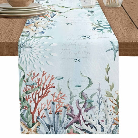 Watercolor Coral Fish Shell on Blue Letter Table Runner-36 Inch Long Marine Life Table Runners Linen Burlap Tablerunner for Kitchen Dining Room Holiday Party